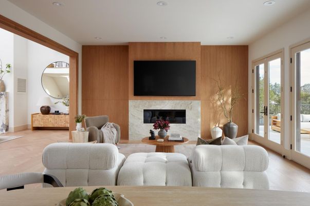 Fireplace, Interior, Living room, Recessed Lighting, Wood Texture Flooring, Wooden Walls