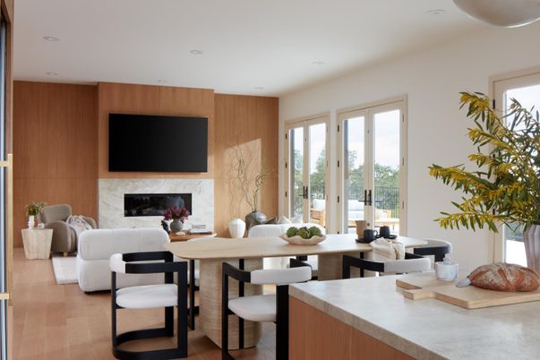 Dining room, Fireplace, Interior, Living room, Recessed Lighting, Wood Texture Flooring
