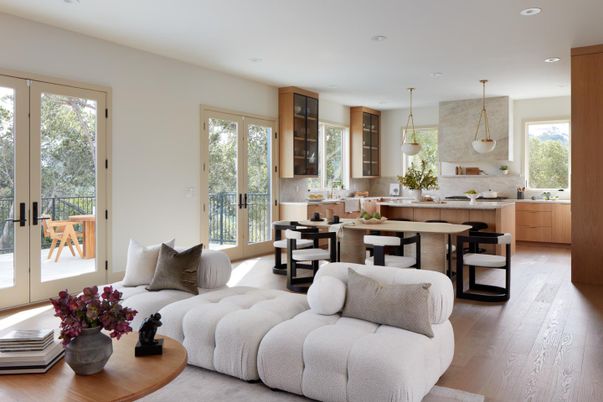 Dining room, Interior, Living room, Pendant Lights, Recessed Lighting, Wood Texture Flooring