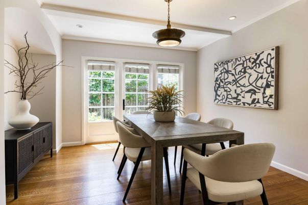 Dining room, Interior, Pendant Lights, Recessed Lighting, Wood Texture Flooring