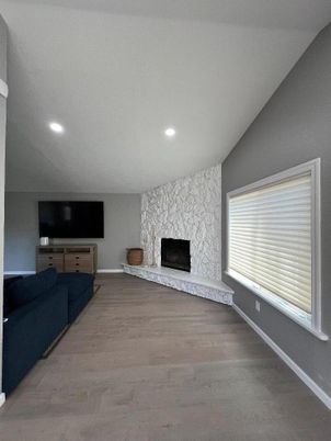 Fireplace, Interior, Recessed Lighting, Wood Texture Flooring