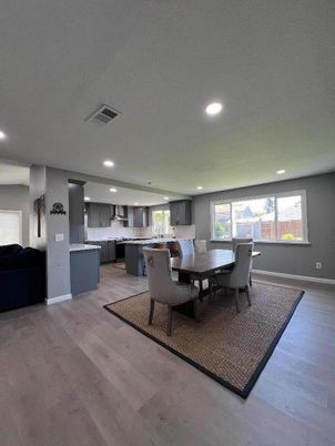 Dining room, Interior, Kitchen, Recessed Lighting, Wood Texture Flooring