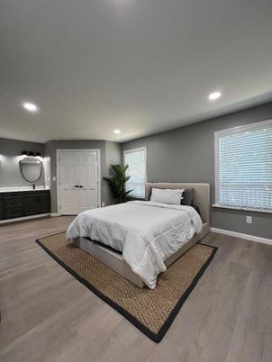 Bedroom, Interior, Recessed Lighting, Wood Texture Flooring