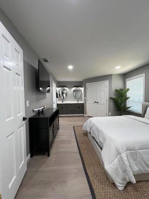 Bedroom, Interior, Recessed Lighting, Wood Texture Flooring