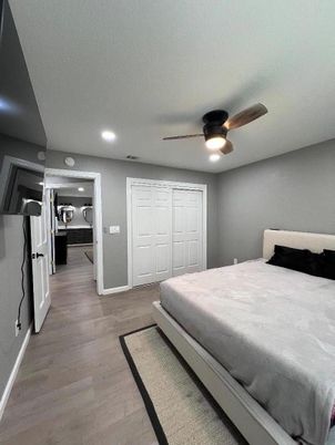 Bedroom, Interior, Recessed Lighting, Wood Texture Flooring
