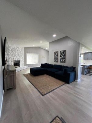 Fireplace, Interior, Living room, Recessed Lighting, Wood Texture Flooring