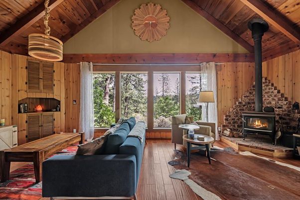 Fireplace, Interior, Living room, Pendant Lights, Wooden Beams, Wooden Ceilings, Wood Texture Flooring, Wooden Walls
