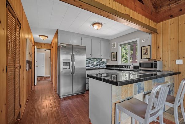 Interior, Kitchen, Stainless Steel Appliances, Wood Texture Flooring, Wooden Walls