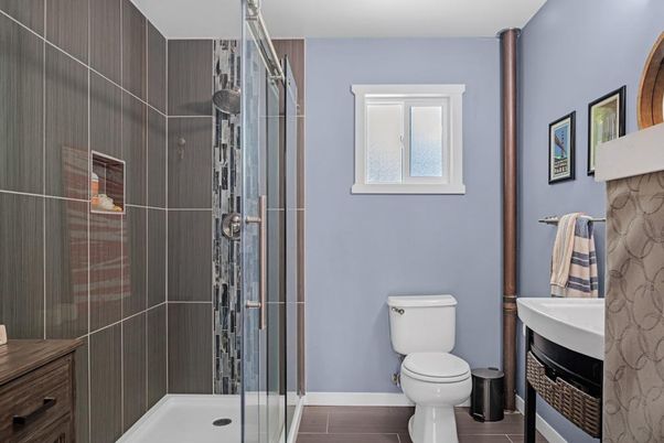 Bathroom, Glass Shower, Interior, Wood Texture Flooring