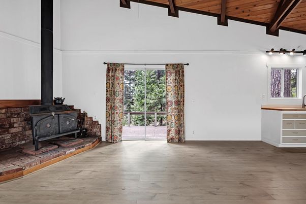 Empty room, Fireplace, Interior, Wooden Beams, Wooden Ceilings, Wood Texture Flooring