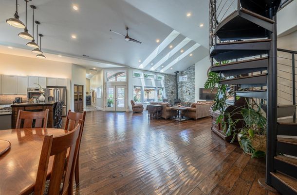 Dining room, Interior, Kitchen, Living room, Pendant Lights, Recessed Lighting, Stainless Steel Appliances, Wood Texture Flooring