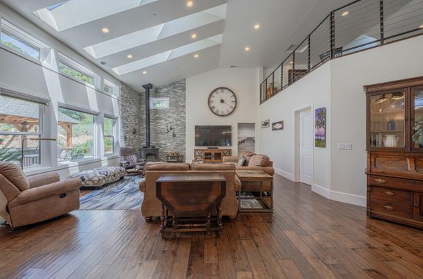 Interior, Living room, Recessed Lighting, Stone Walls, Wood Texture Flooring