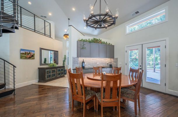 Chandelier, Dining room, Interior, Pendant Lights, Recessed Lighting, Wood Texture Flooring