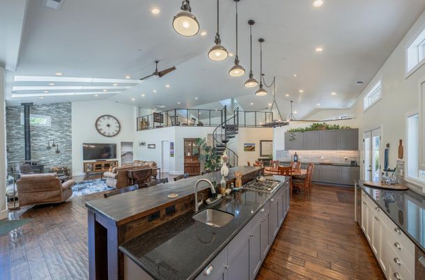 Dining room, Interior, Kitchen, Living room, Pendant Lights, Recessed Lighting, Wood Texture Flooring
