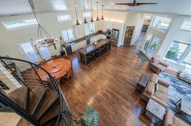Dining room, Interior, Kitchen, Living room, Pendant Lights, Recessed Lighting, Stainless Steel Appliances, Wood Texture Flooring