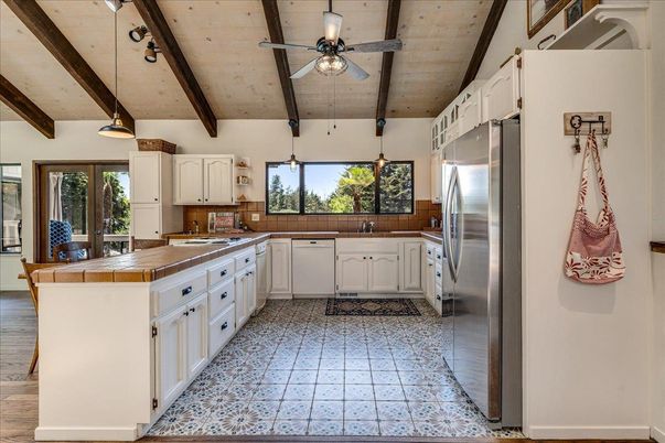 Interior, Kitchen, Pendant Lights, Stainless Steel Appliances, Tile Countertops, Wooden Beams, Wooden Ceilings