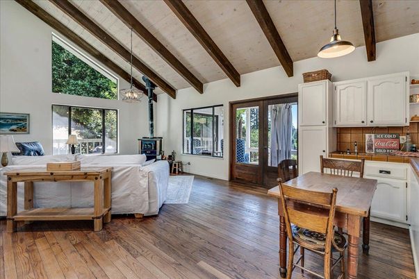 Dining room, Fireplace, Interior, Kitchen, Living room, Pendant Lights, Wooden Beams, Wood Texture Flooring