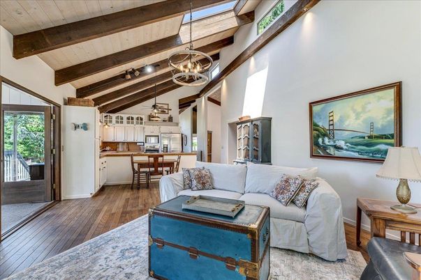 Dining room, Interior, Kitchen, Living room, Pendant Lights, Wooden Beams, Wood Texture Flooring