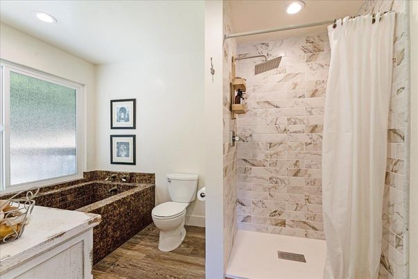 Bathroom, Interior, Marble Walls, Recessed Lighting, Wood Texture Flooring