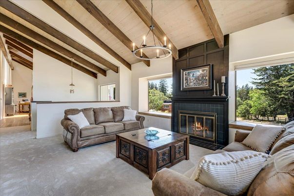 Chandelier, Fireplace, Interior, Living room, Pendant Lights, Wooden Beams, Wooden Ceilings