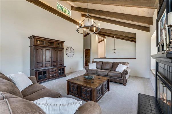 Fireplace, Interior, Living room, Pendant Lights, Wooden Beams