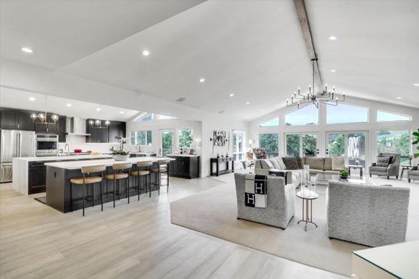 Interior, Kitchen, Living room, Recessed Lighting, Stainless Steel Appliances, Wood Texture Flooring