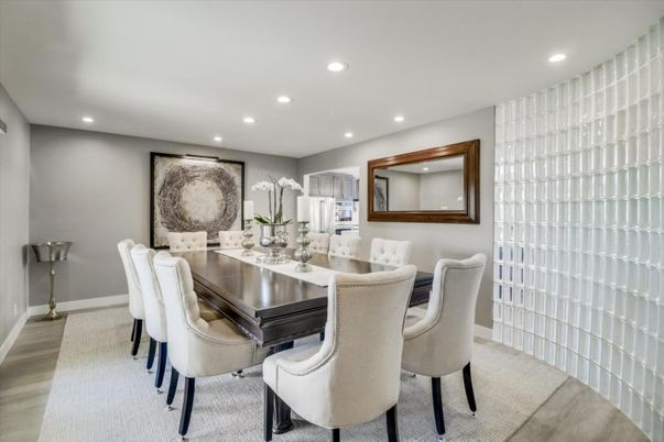 Dining room, Interior, Recessed Lighting, Wood Texture Flooring