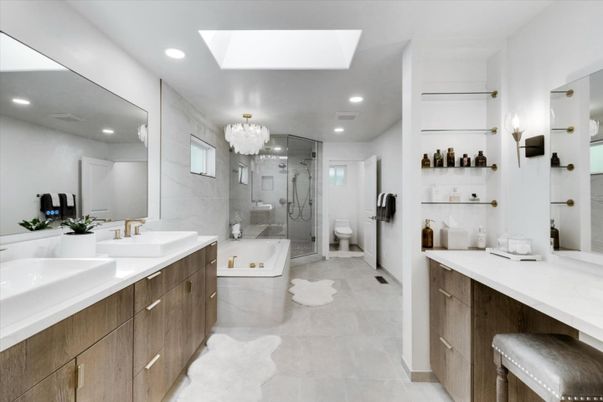 Bathroom, Chandelier, Dual Sink Vanities, Glass Shower, Interior, Recessed Lighting