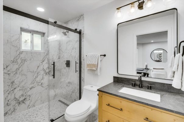 Bathroom, Glass Shower, Interior, Marble Walls, Recessed Lighting