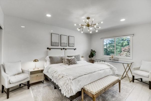 Bedroom, Interior, Pendant Lights, Recessed Lighting, Wood Texture Flooring