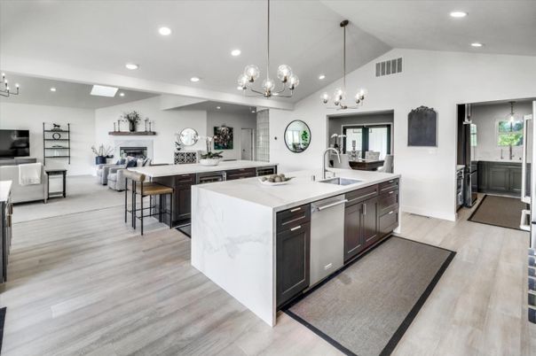 Fireplace, Interior, Kitchen, Pendant Lights, Recessed Lighting, Wood Texture Flooring