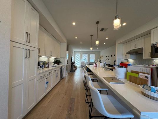 Interior, Kitchen, Pendant Lights, Recessed Lighting, Wood Texture Flooring