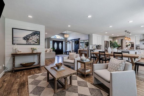 Dining room, Interior, Kitchen, Living room, Pendant Lights, Recessed Lighting, Stainless Steel Appliances, Wood Texture Flooring