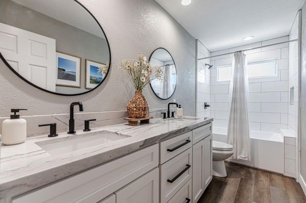 Bathroom, Dual Sink Vanities, Interior, Recessed Lighting, Wood Texture Flooring