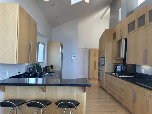 Interior, Kitchen, Recessed Lighting, Stainless Steel Appliances, Wood Texture Flooring