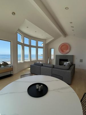Fireplace, Interior, Living room, Recessed Lighting, Water, Wood Texture Flooring