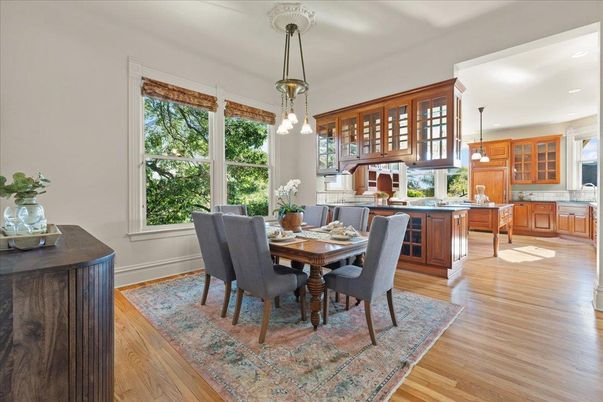 Dining room, Interior, Kitchen, Pendant Lights, Recessed Lighting, Wood Texture Flooring