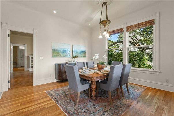 Dining room, Interior, Pendant Lights, Recessed Lighting, Wood Texture Flooring
