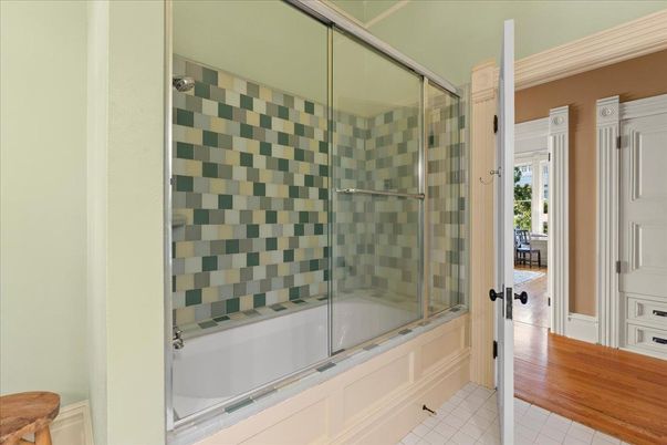 Bathroom, Glass Shower, Interior, Wood Texture Flooring