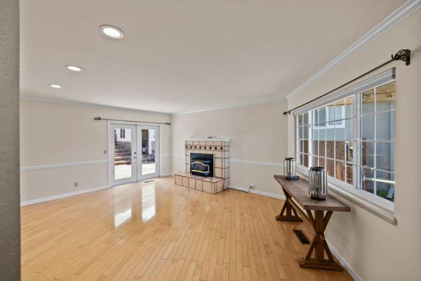 Empty room, Fireplace, Interior, Recessed Lighting, Wood Texture Flooring