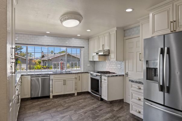 Interior, Kitchen, Recessed Lighting, Stainless Steel Appliances, Wood Texture Flooring