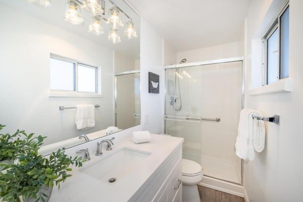 Bathroom, Glass Shower, Interior, Wood Texture Flooring