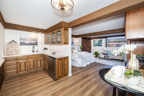 Bedroom, Interior, Recessed Lighting, Stone Walls, Wood Texture Flooring