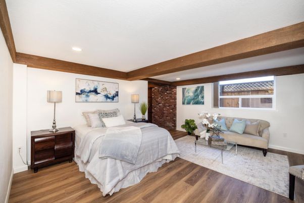 Bedroom, Interior, Recessed Lighting, Stone Walls, Wooden Beams, Wood Texture Flooring