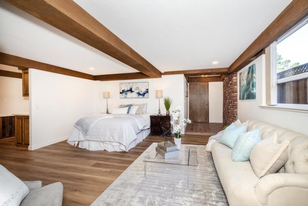 Bedroom, Interior, Recessed Lighting, Wooden Beams, Wood Texture Flooring