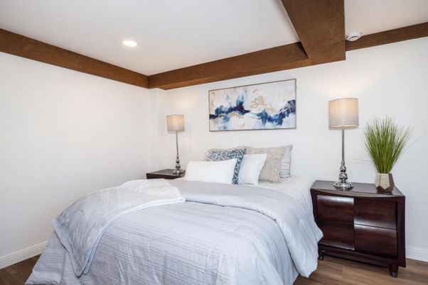 Bedroom, Interior, Recessed Lighting, Wood Texture Flooring