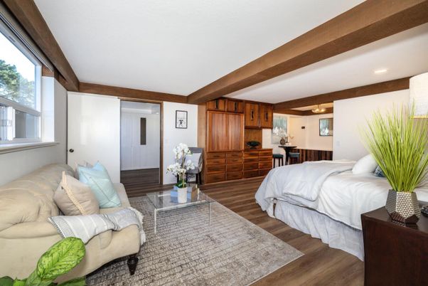 Bedroom, Interior, Recessed Lighting, Wooden Beams, Wood Texture Flooring