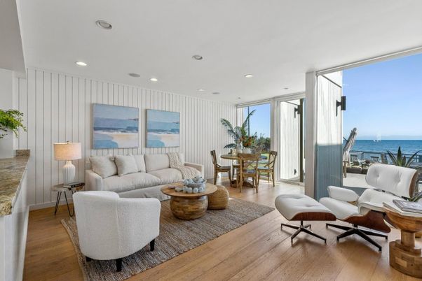 Dining room, Interior, Living room, Recessed Lighting, Water, Wood Texture Flooring