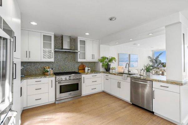 Interior, Kitchen, Recessed Lighting, Stainless Steel Appliances, Wood Texture Flooring