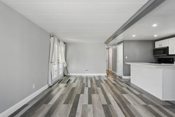 Empty room, Interior, Kitchen, Recessed Lighting, Wooden Beams, Wood Texture Flooring